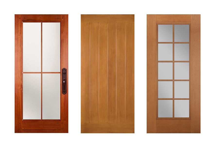 3 Asian inspired exterior doors (left to right) 4 lite French door, fiberglass mahogany Barrington Flagstaff door, 10 lite French door
